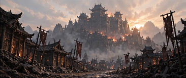 Burning Settlement — Dawn lighting