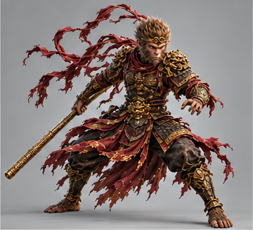 Generated Sun Wukong character study in gold armor and crimson ribbons